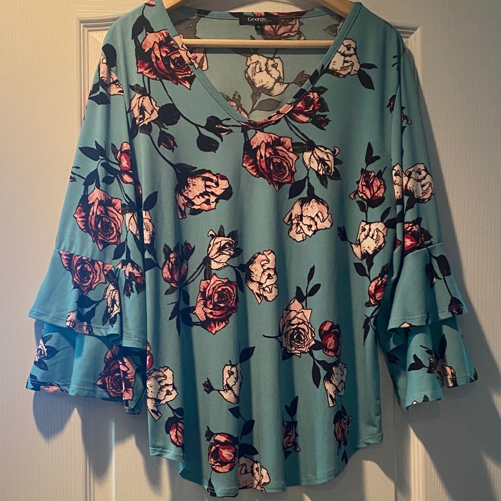 Teal, Pink Roses Floral Blouse